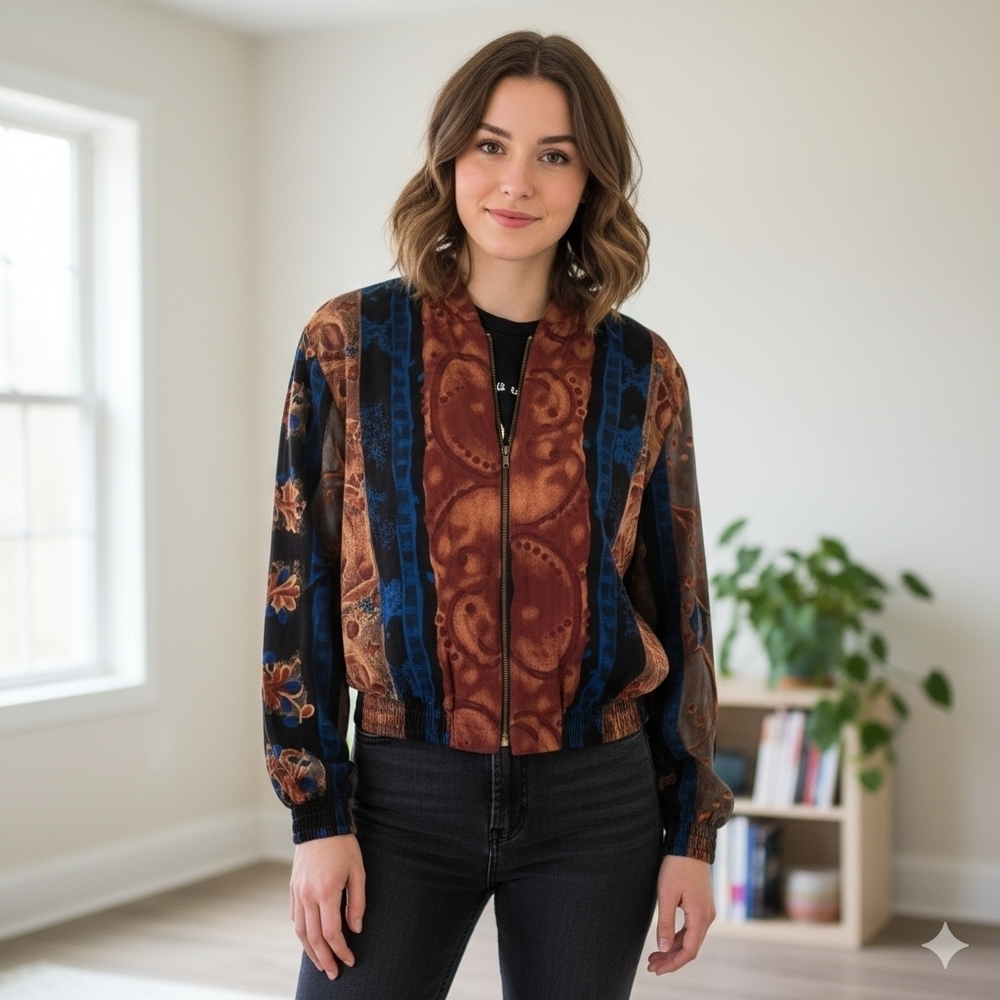 Vintage Kensington Square Paisley Bomber Jacket Size P/M Blue And Brown